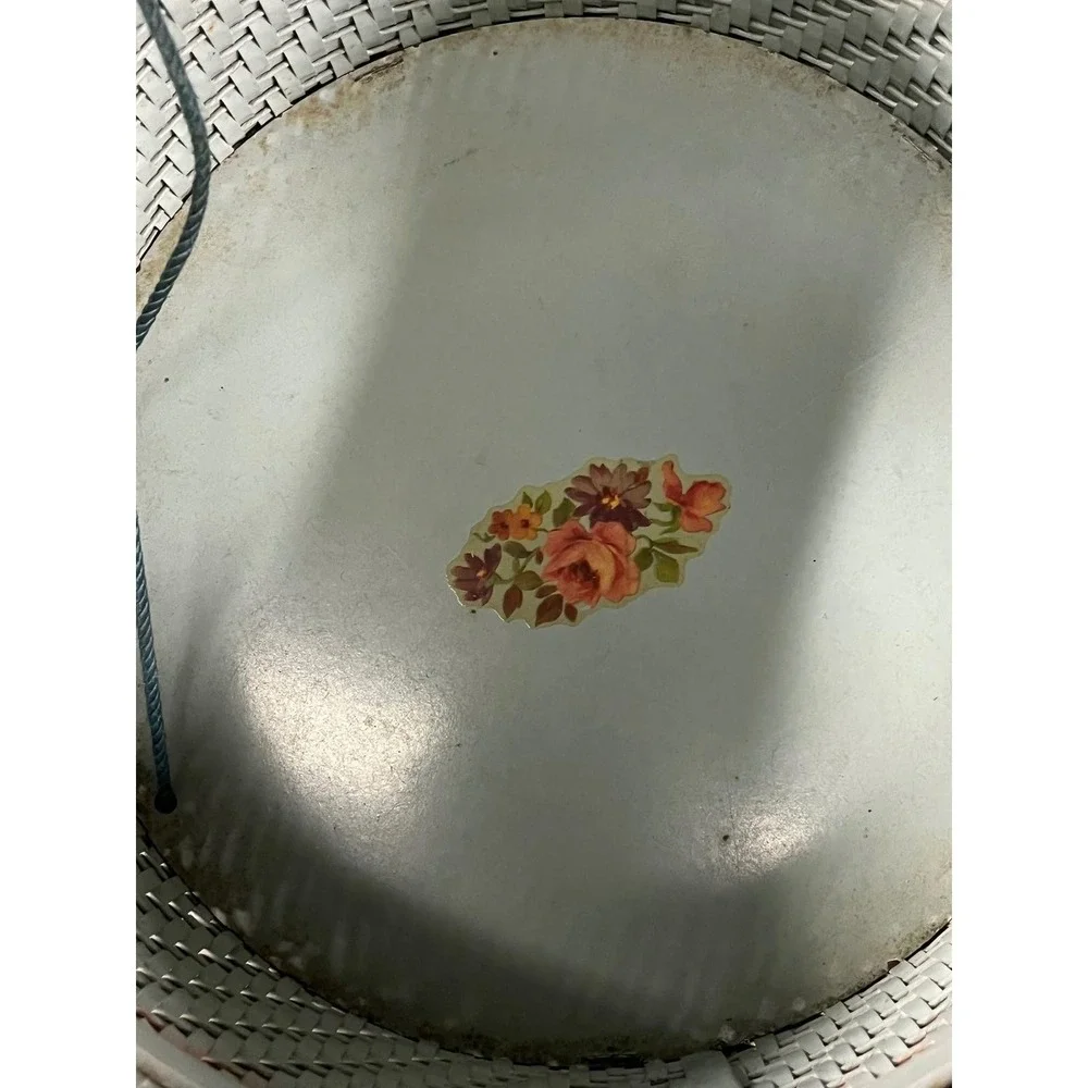 Vintage Woven Round Storage Sewing Container Box Blue Floral Lid Rope Handles - Picture 4 of 9